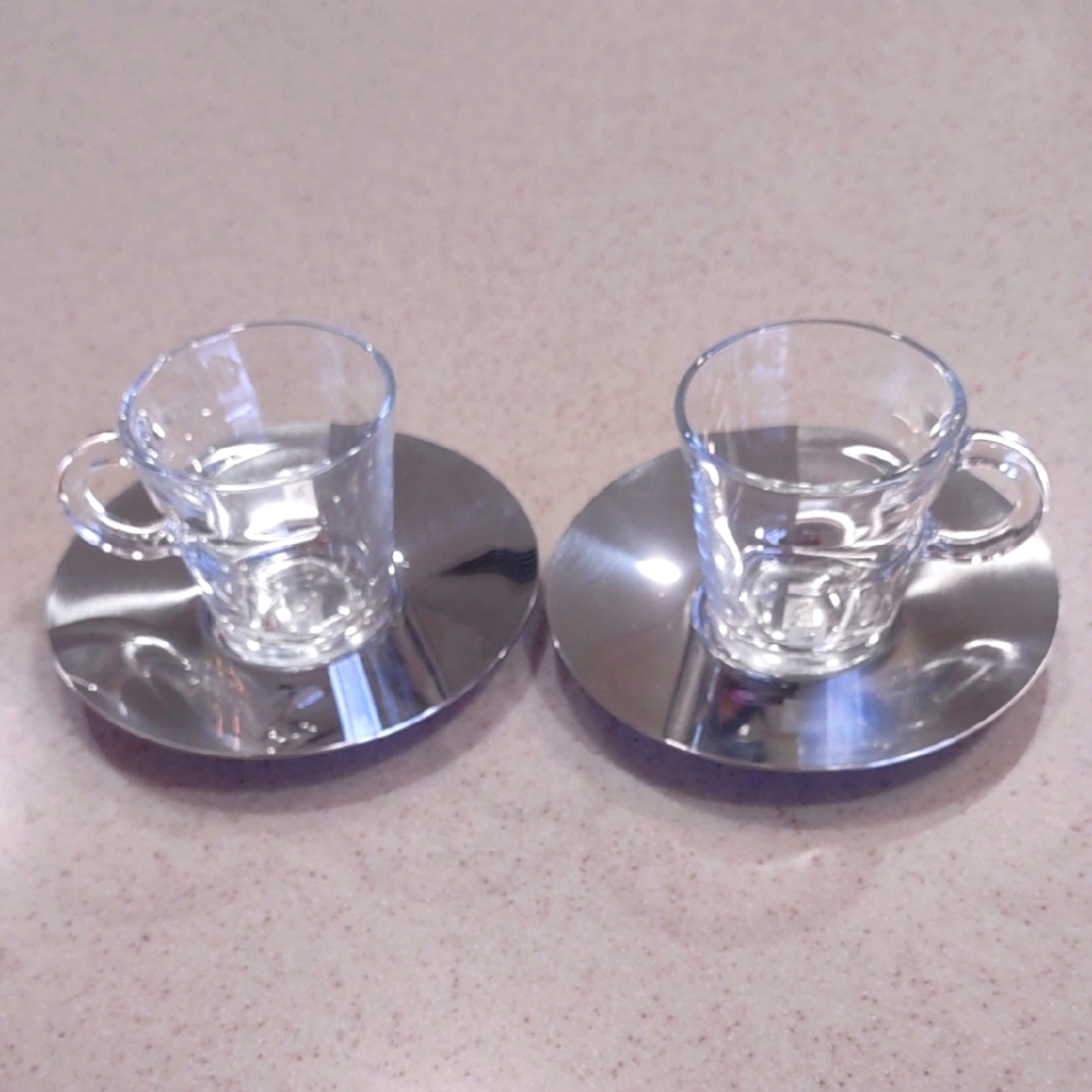 Glass Nespresso Cups with Silver Nespresso Saucers EUC